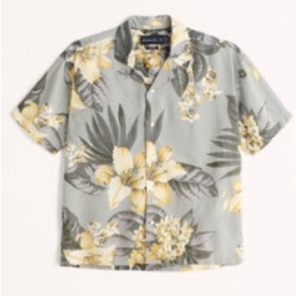 Abercrombie Floral Gray and Yellow Men's Button Down Short Sleeve Shirt